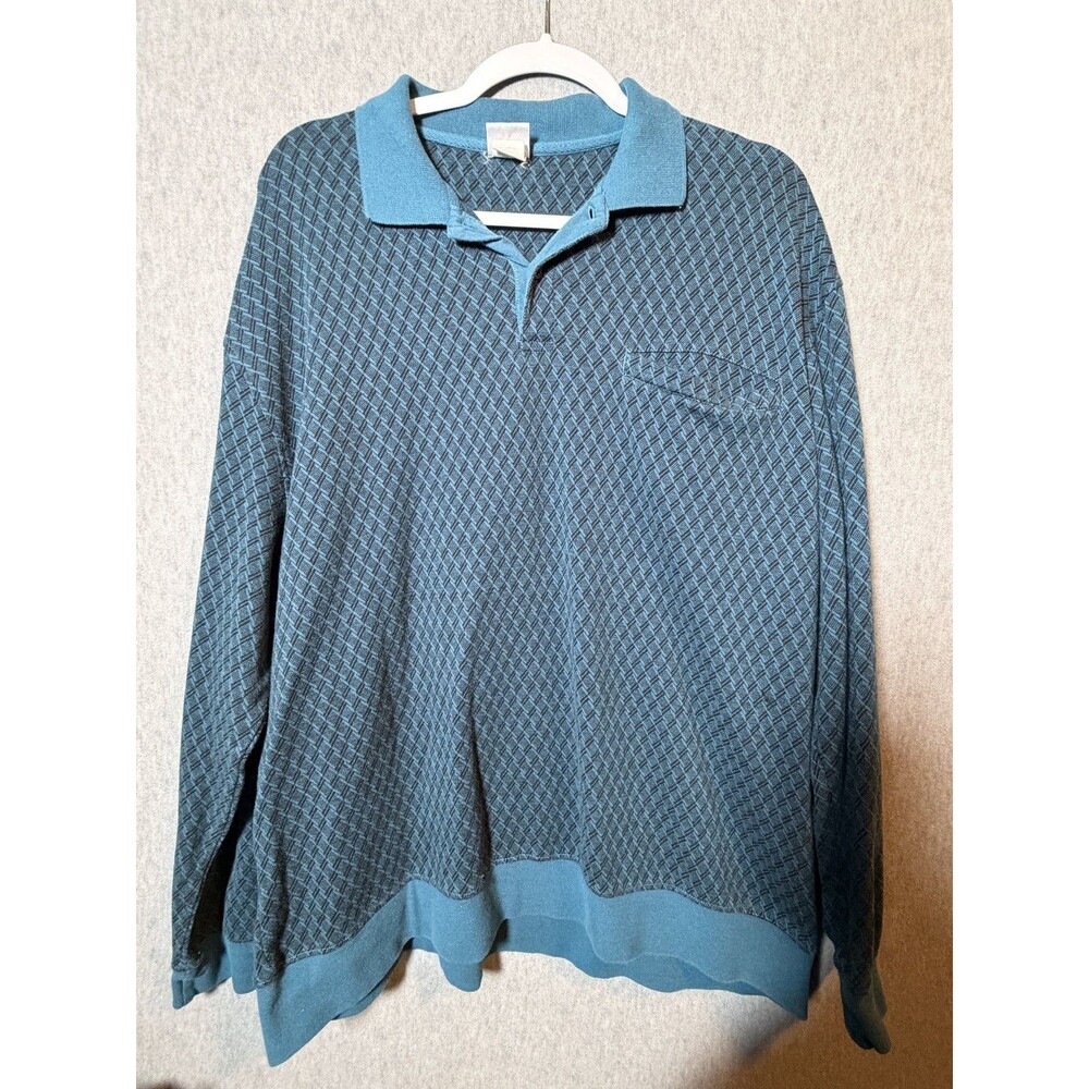 Haband Casual Joe Men's Long Sleeve Polo Shirt Teal Blue Geometric Pattern Size